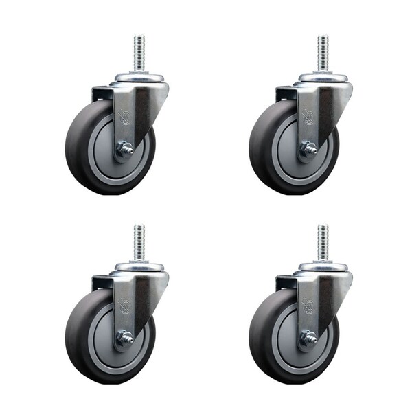 4 Inch Thermoplastic  Rubber Wheel Swivel 34 Inch Threaded Stem Caster Set Service Caster